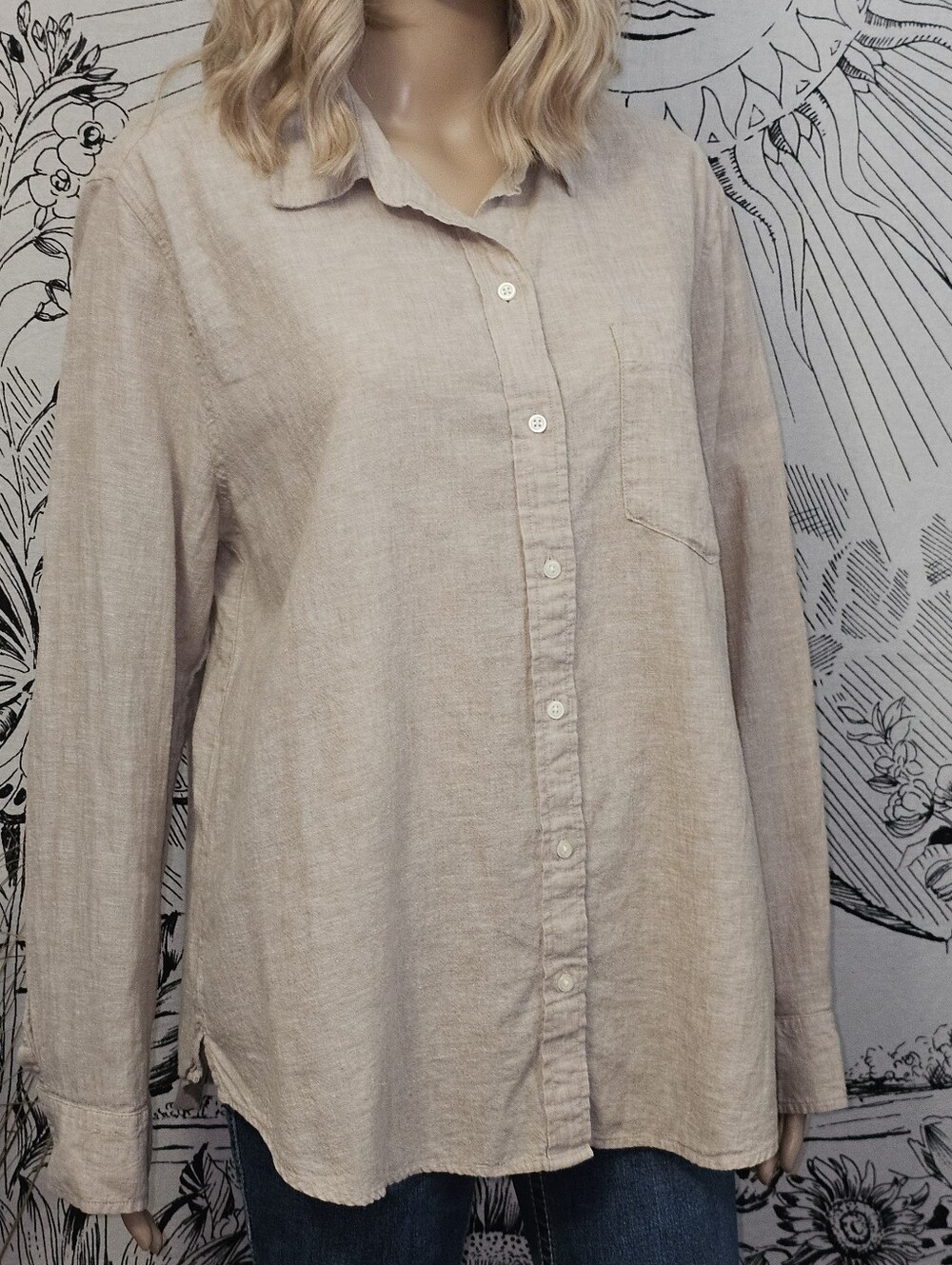 GAP The Easy Shirt Large Taupe Button-Front Linen/Cotton Shirt